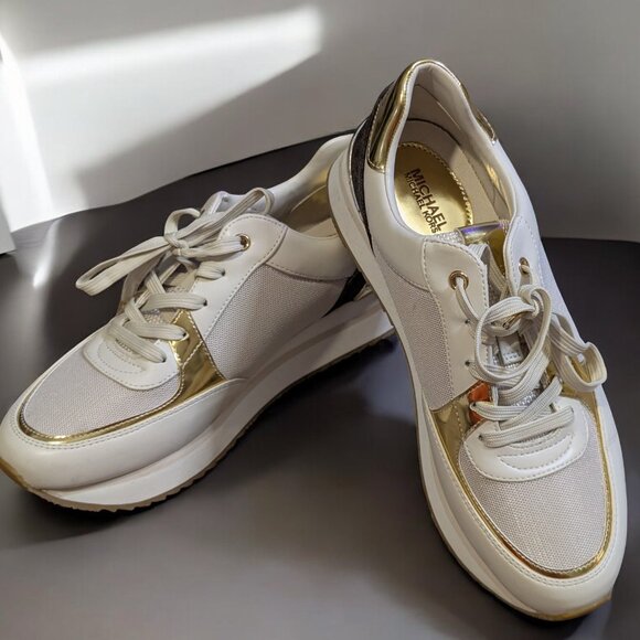 Michael Kors Georgie Trainers, White & Gold, Women's Size 7.5, Logo - Picture 1 of 7